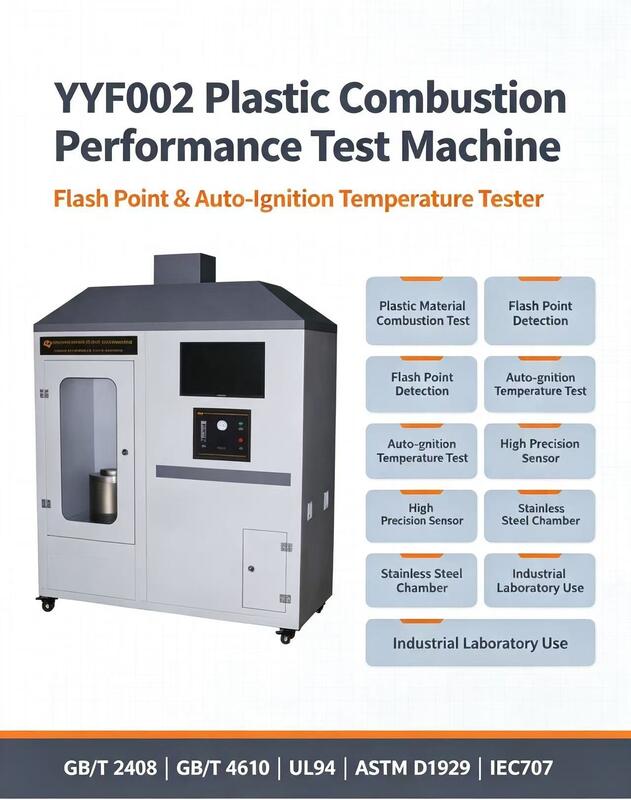 Kunststoff-Entflammbarkeitsprüfgerät nach UL94 ASTM D1929 IEC707 Standards, einstellbarer Luftstrom 0~100 mm/s und ±1 °C Temperaturgenauigkeit