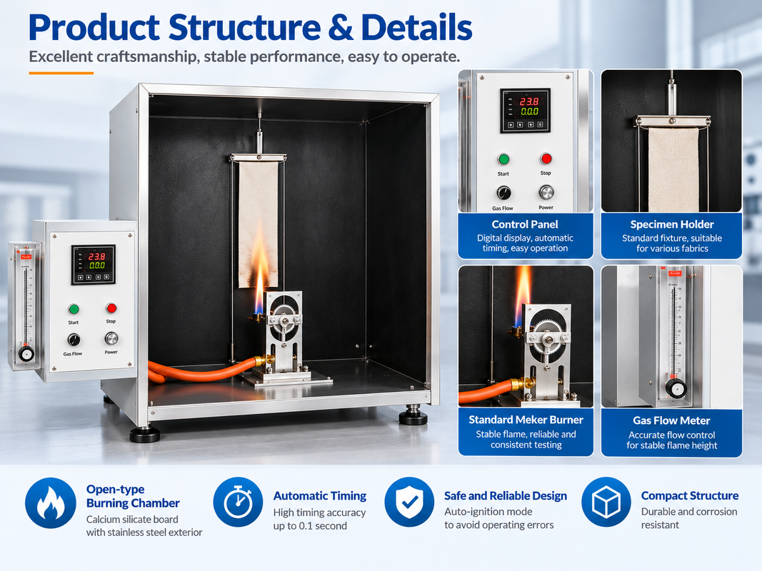 NFPA701-2004 Compliant Vertical Flammability Tester with Adjustable Heating Rate and Precision Ignition Time